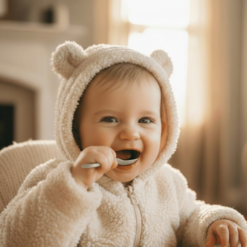 bb avec body fourrure qui porte la cuillère à sa bouche